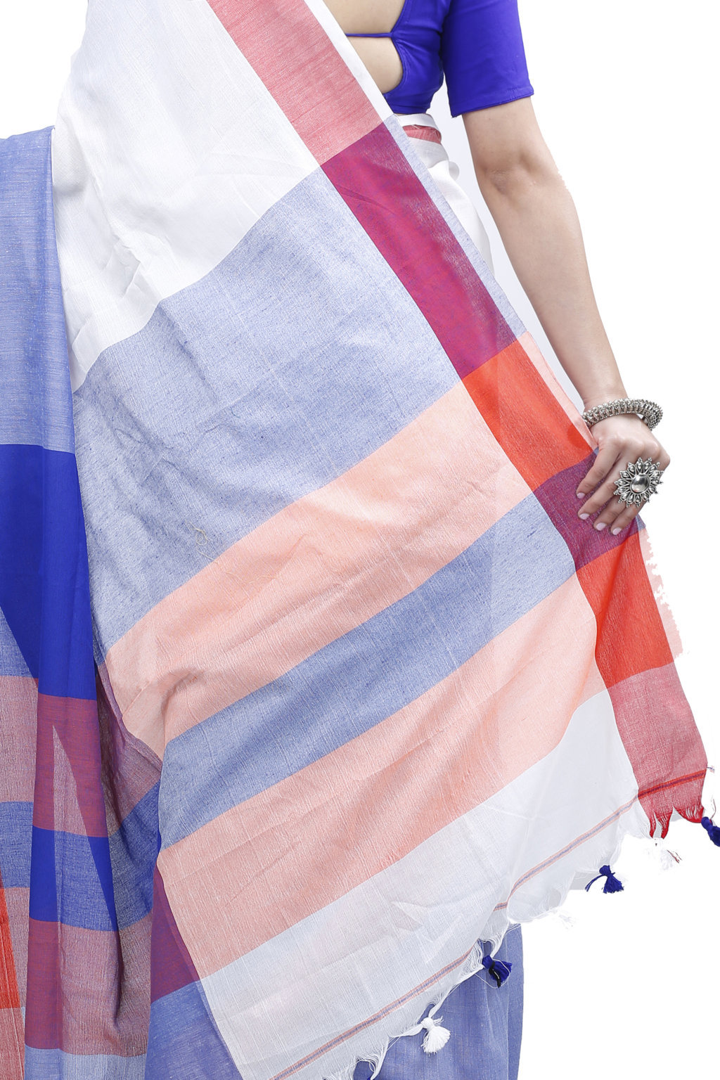 White Blue Pure Cotton Kousiki Hand Loom Saree (203)